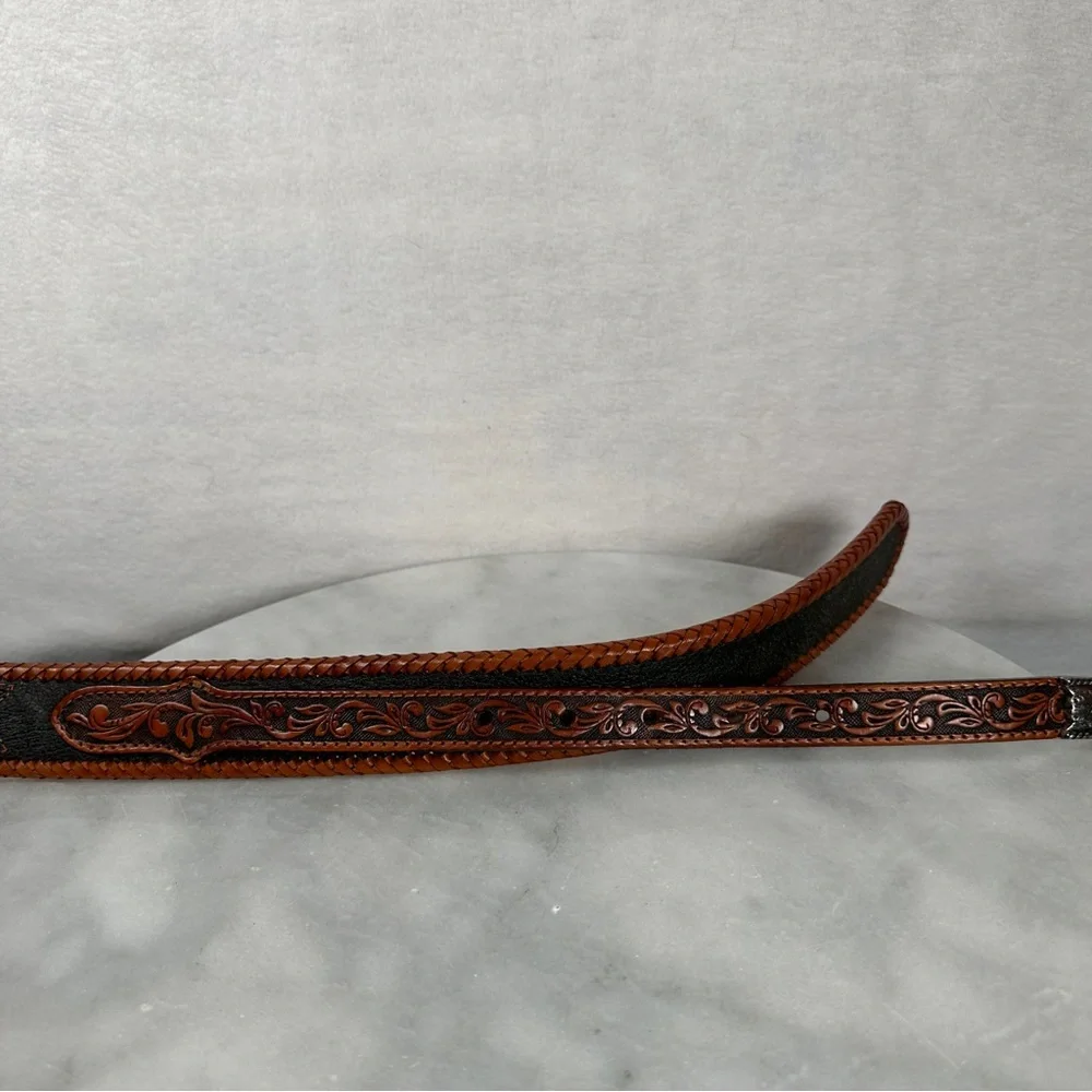 Brown Leather belt western‎ black tooled stitching Silver Buckle cowboy cowgirl